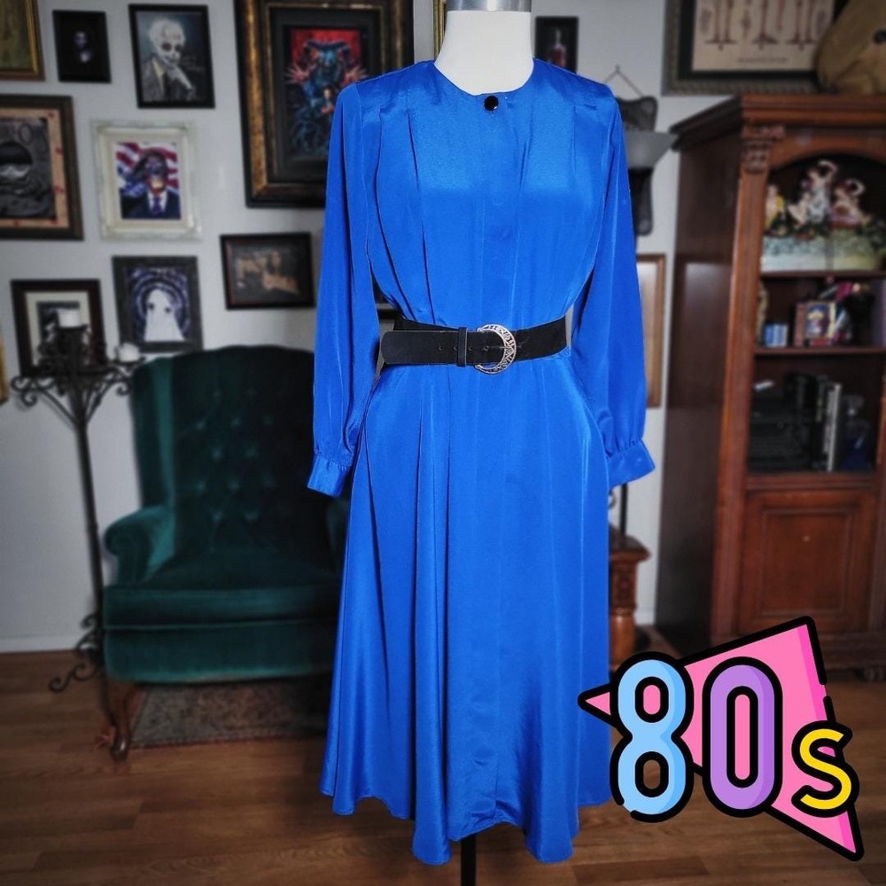 Vintage 80s‎ Andrea Gayle Blue Midi Dress Button Front Long Sleeve Belted 6